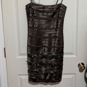 BCBGMAXAZRIA Brown Satin Tiered Strapless Mini Dress 6 Feather Party